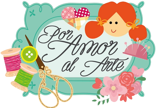Logotipo de la tienda Por Amor al Arte, con diseño estilo vintage que incluye letras cursivas rodeadas de elementos de costura y mercería como tijeras, carretes de hilo, botones y flores.