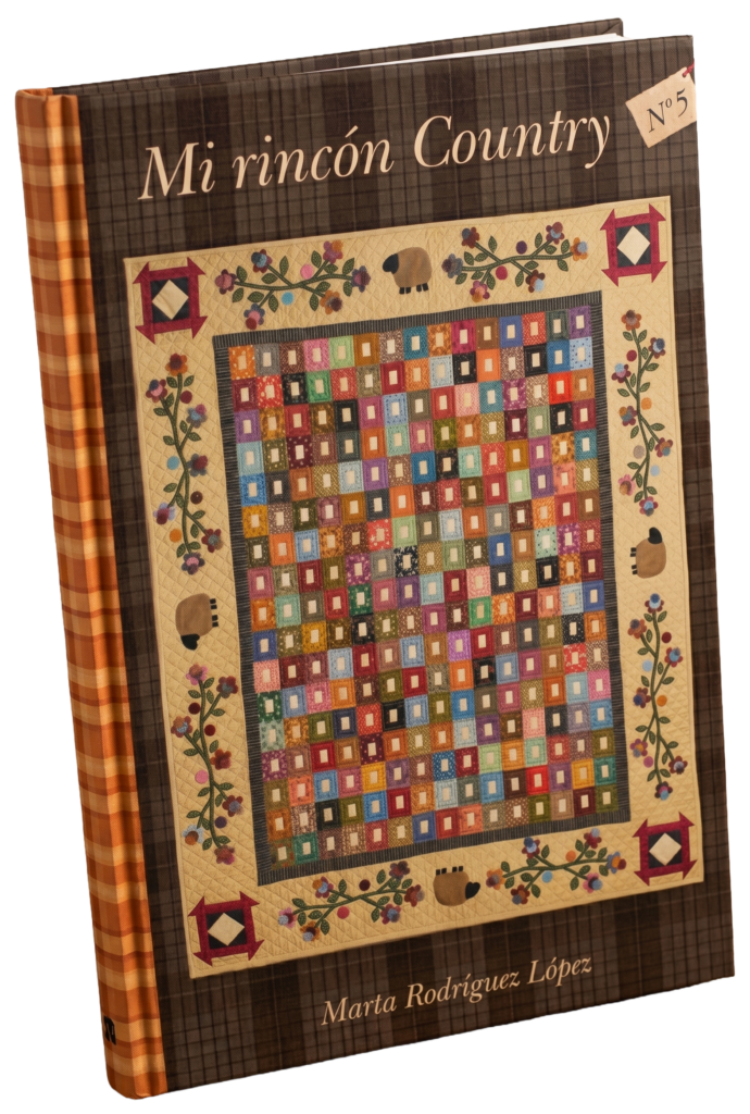 Libro de costura creativa titulado "Mi rincón Country" con un diseño de colcha de patchwork en la portada.