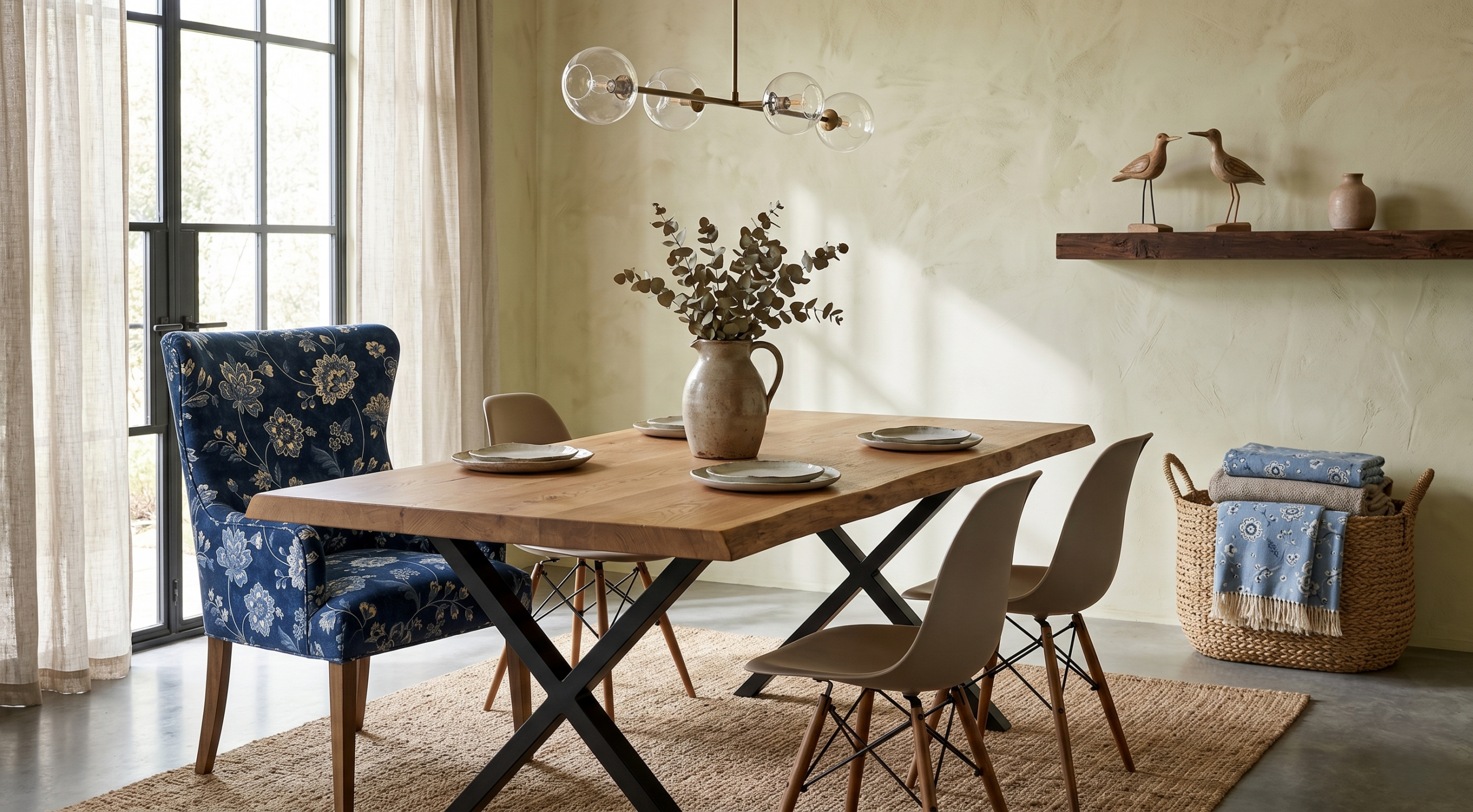 Comedor moderno con mesa de madera rústica, silla tapizada con diseño floral azul y textiles de patchwork en un cesto decorativo.