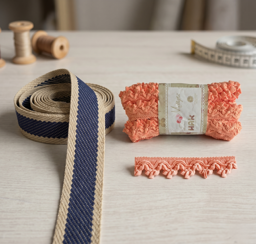 Conjunto de cintas decorativas, pasamanería azul con borde crema y puntilla color salmón para mercería creativa.
