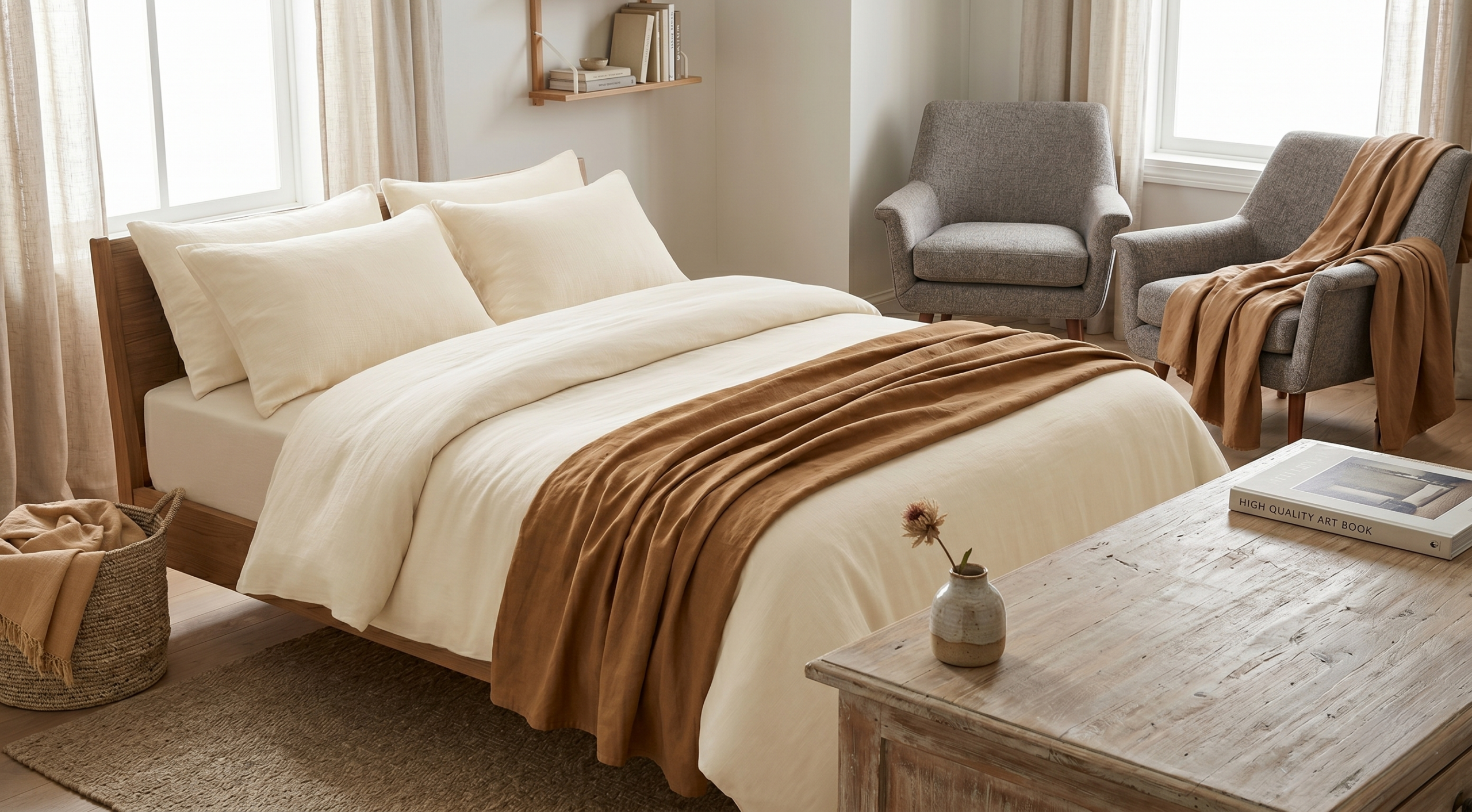 Dormitorio acogedor con cama de madera, ropa de cama en tonos crema y una manta marrón, junto a butacas grises y detalles decorativos de patchwork.