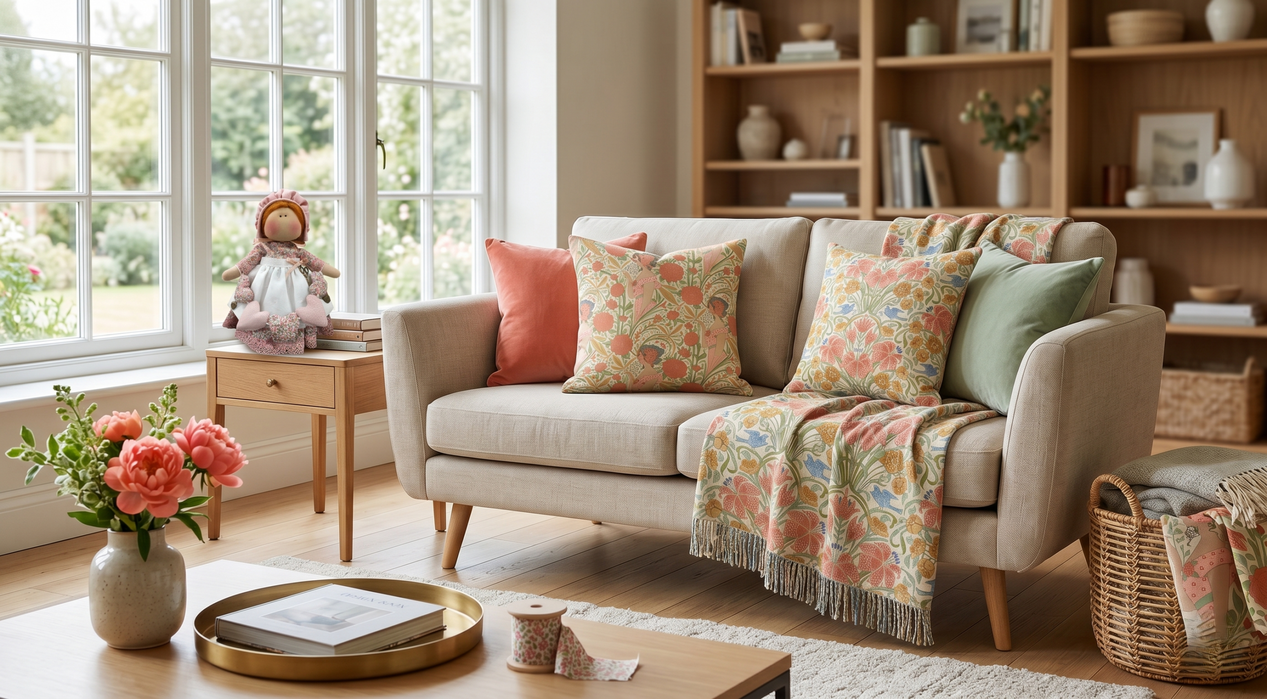 Sala de estar luminosa decorada con una colcha y cojines de patchwork con motivos florales, junto a una muñeca de trapo artesanal sobre una mesa auxiliar.